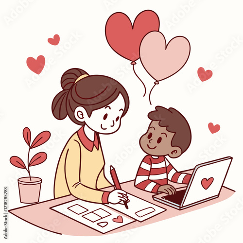Valentine day girl and boy working