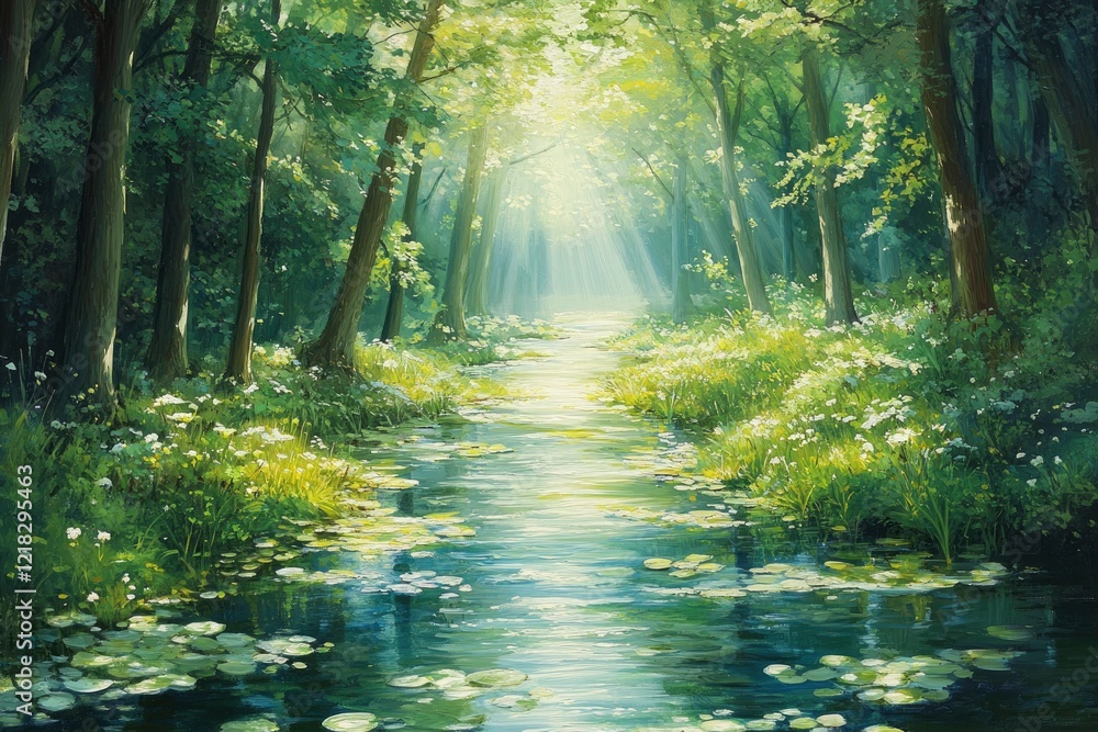 Obraz premium Serene forest landscape with a tranquil stream reflecting sunlight through lush greenery