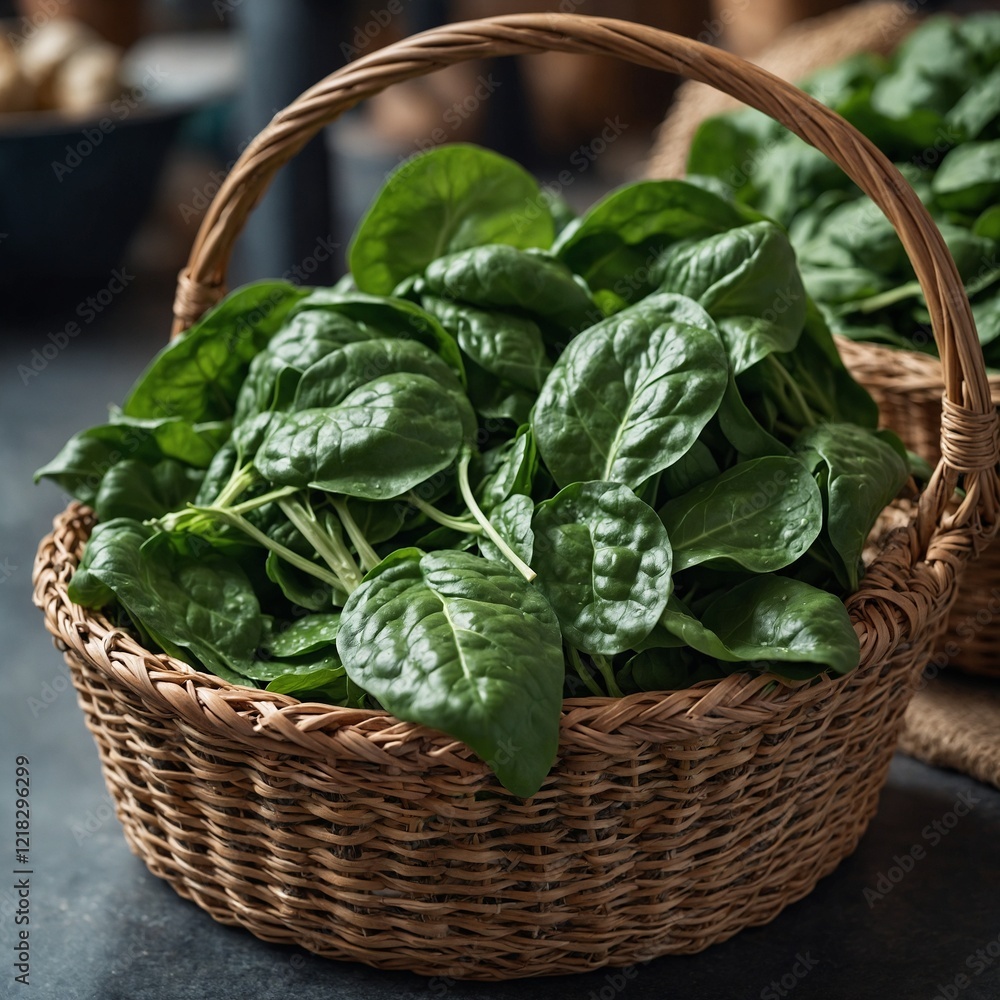 A bunch of fresh spinach leaves, side view, placed in a woven basket, blurred marketplace background. A bunch of fresh spinach leaves, side view, placed in a woven basket, blurred marketplace background.