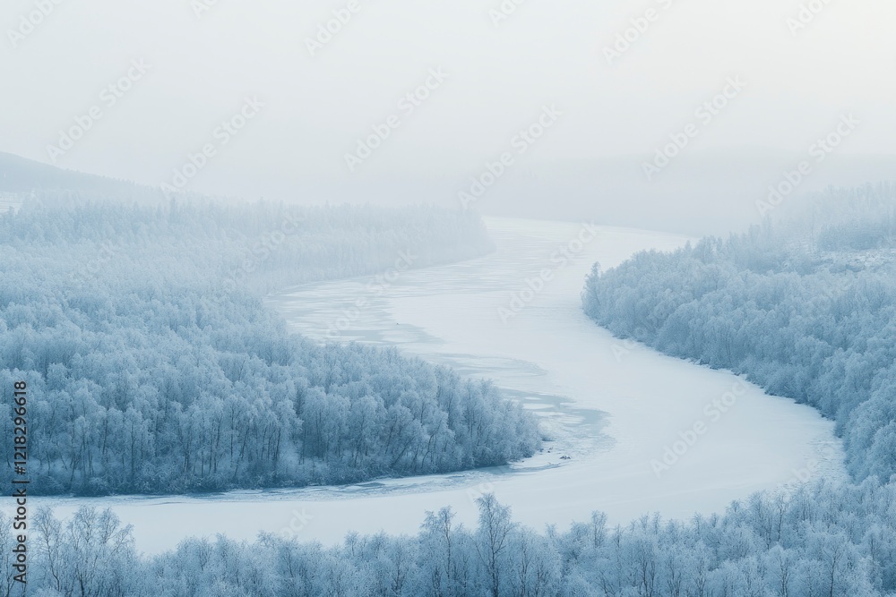 Serene winter landscape featuring a frozen river winding through frosty trees under a misty sky Serene winter landscape featuring a frozen river winding through frosty trees under a misty sky