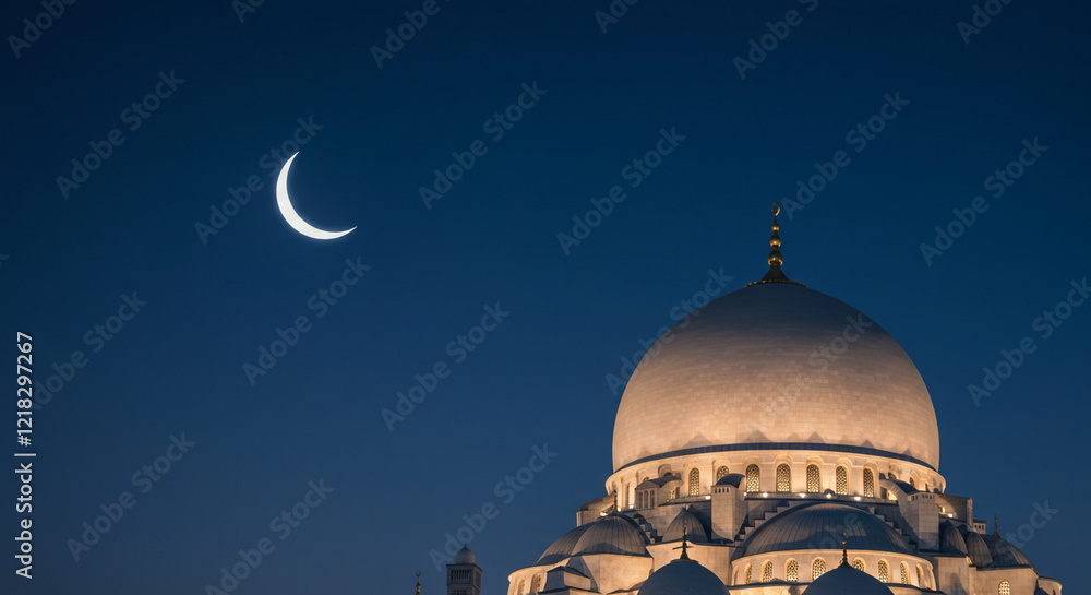 Obraz premium A photograph celebrating the holy month of Ramadan, showcasing a crescent moon above a mosque