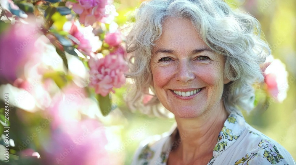 Fototapeta premium A cheerful elderly woman with curly gray hair smiles brightly, surrounded by vibrant pink flowers in a sunny garden. Her happiness radiates in the serene atmosphere of springtime