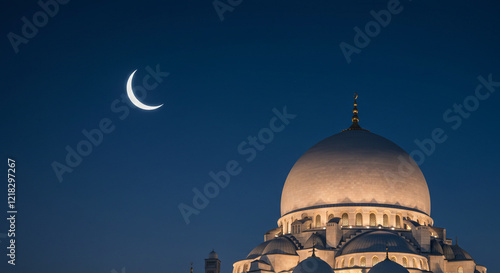 A photograph celebrating the holy month of Ramadan, showcasing a crescent moon above a mosque