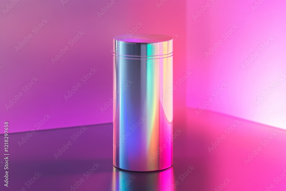 Metallic Container with Iridescent Reflections on a Colorful Background Metallic Container with Iridescent Reflections on a Colorful Background