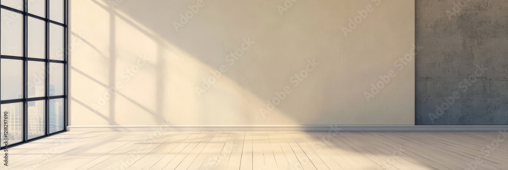 Fototapeta premium Bright and open interior space with large windows and smooth flooring during the day
