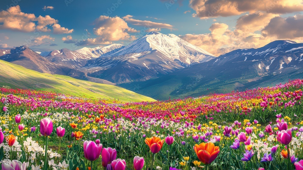 Fototapeta premium Vibrant Wildflower Meadow Blooms Beneath Majestic Snow-Capped Mountain Peaks