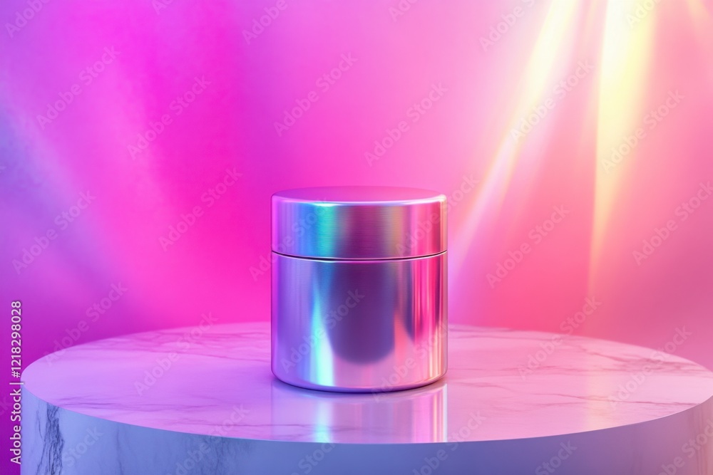 Shiny Silver Cream Jar on Elegant Marble Table Against Colorful Background Shiny Silver Cream Jar on Elegant Marble Table Against Colorful Background