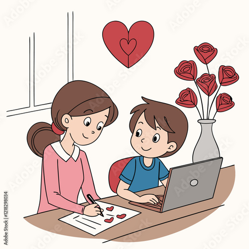 Valentine day girl and boy working