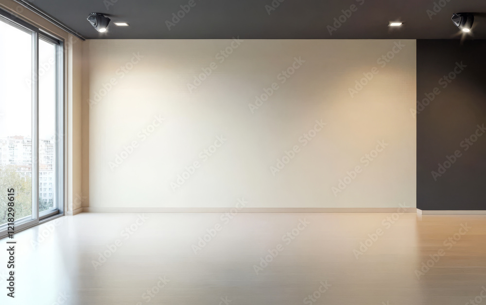 Modern empty room with large windows overlooking cityscape during daylight hours Modern empty room with large windows overlooking cityscape during daylight hours