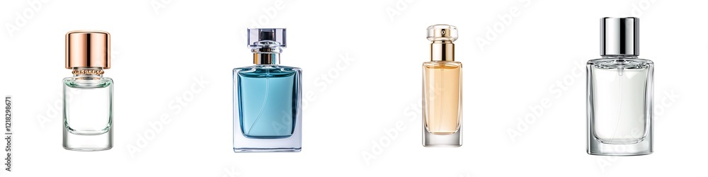 Beauty Products isolated collection. Four elegant perfume bottles displayed together