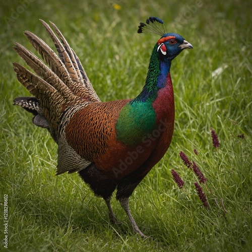 Wallpaper Mural Create an image of a vibrant male pheasant in a lush green meadow. The pheasant has striking plumage with a mix of rich iridescent greens, golds, and deep reds.  Torontodigital.ca