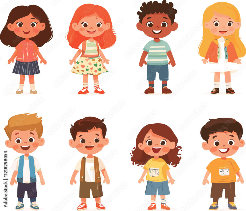 Set of happy kids in different clothes. Cartoon characters, isolated on a white background, Flat style cartoon vector illustration Set of happy kids in different clothes. Cartoon characters, isolated on a white background, Flat style cartoon vector illustration