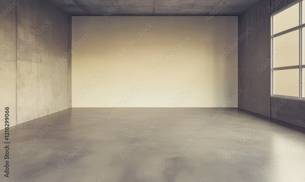Modern empty room with concrete walls and large window allowing natural light Modern empty room with concrete walls and large window allowing natural light