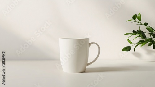 Wallpaper Mural White mug standing on table with plant and window light creating shadows Torontodigital.ca