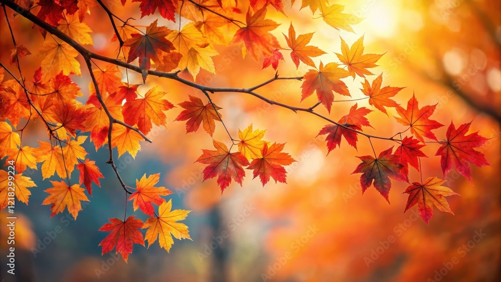 Vibrant orange and red maple leaves are scattered across a sturdy tree branch against a soft focus autumn sky with warm golden hues , nature, outdoor Vibrant orange and red maple leaves are scattered across a sturdy tree branch against a soft focus autumn sky with warm golden hues , nature, outdoor