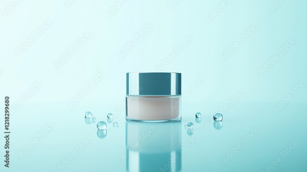 Elegant Cosmetic Jar with Moisturizing Cream Surrounded by Water Drops on Smooth Surface in Soft Blue Background for Beauty and Skincare Products Elegant Cosmetic Jar with Moisturizing Cream Surrounded by Water Drops on Smooth Surface in Soft Blue Background for Beauty and Skincare Products