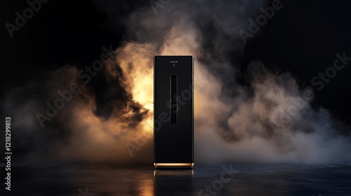 Sleek Black Air Purifier with Golden Accents in Smoky Setting photo