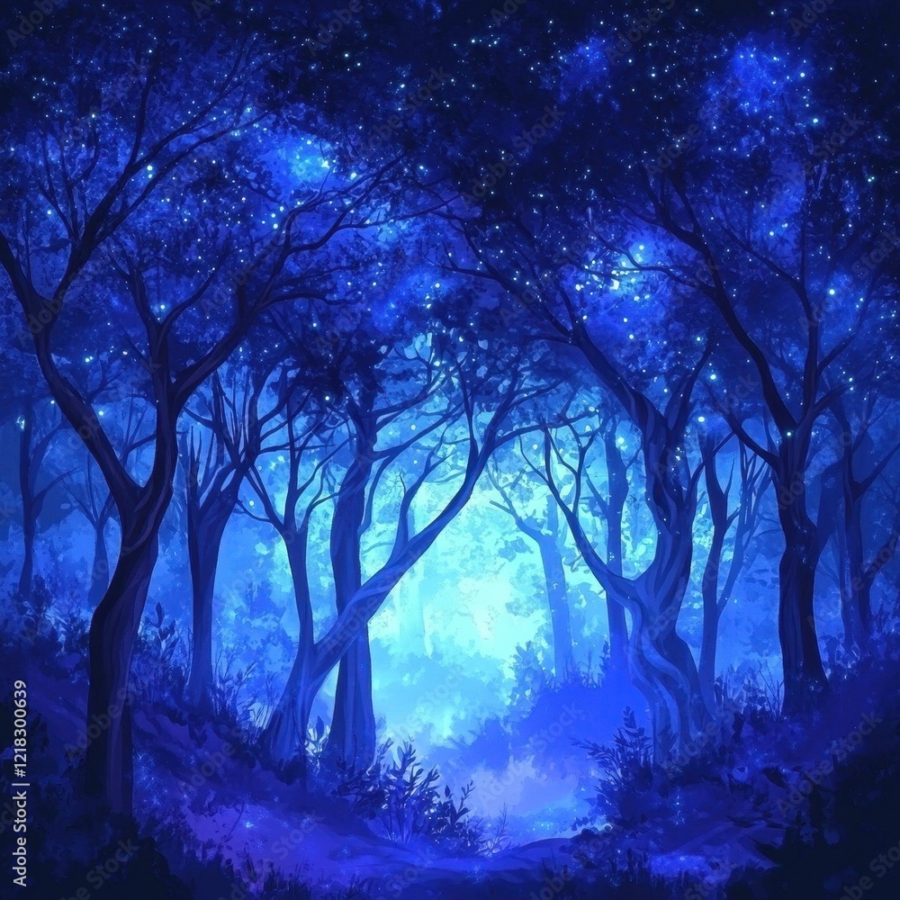 Enchanting Blue Forest Night Scene With Glowing Stars Enchanting Blue Forest Night Scene With Glowing Stars