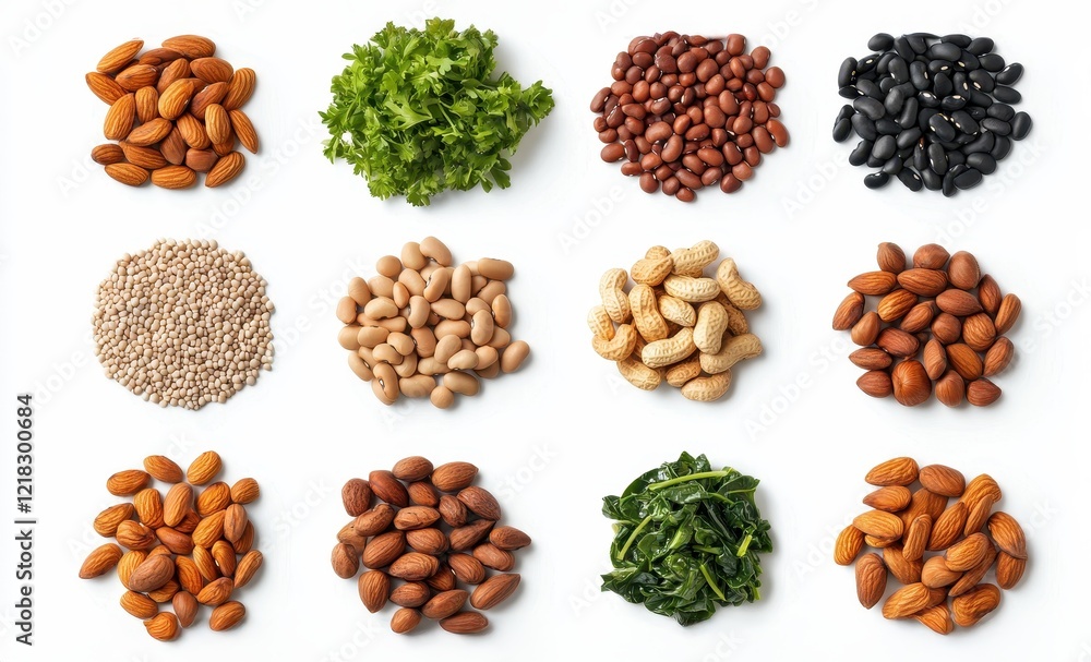Mixed variety of nuts and seeds on a white isolated background. Flexitarian food concept Mixed variety of nuts and seeds on a white isolated background. Flexitarian food concept