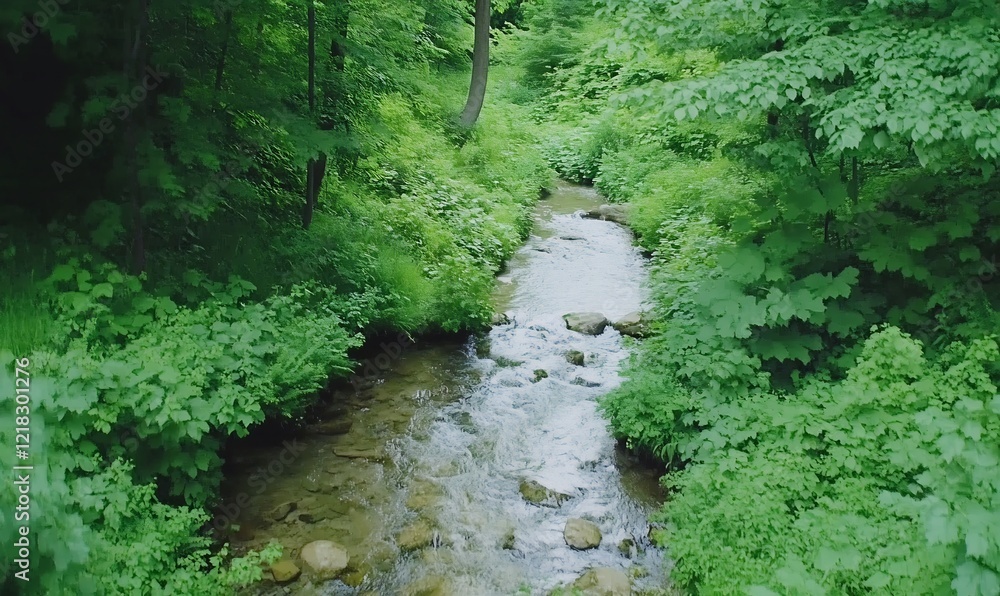 Lush green forest stream flowing, nature background, serenity Lush green forest stream flowing, nature background, serenity