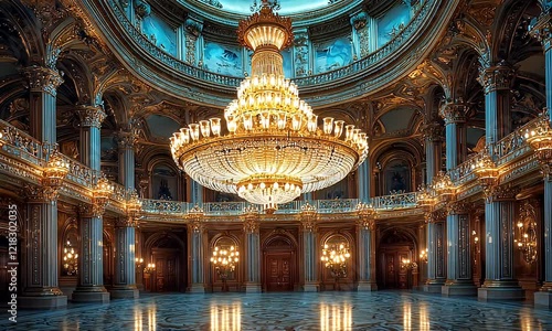 Grand Ballroom with Opulent Chandelier and Gilded Architecture