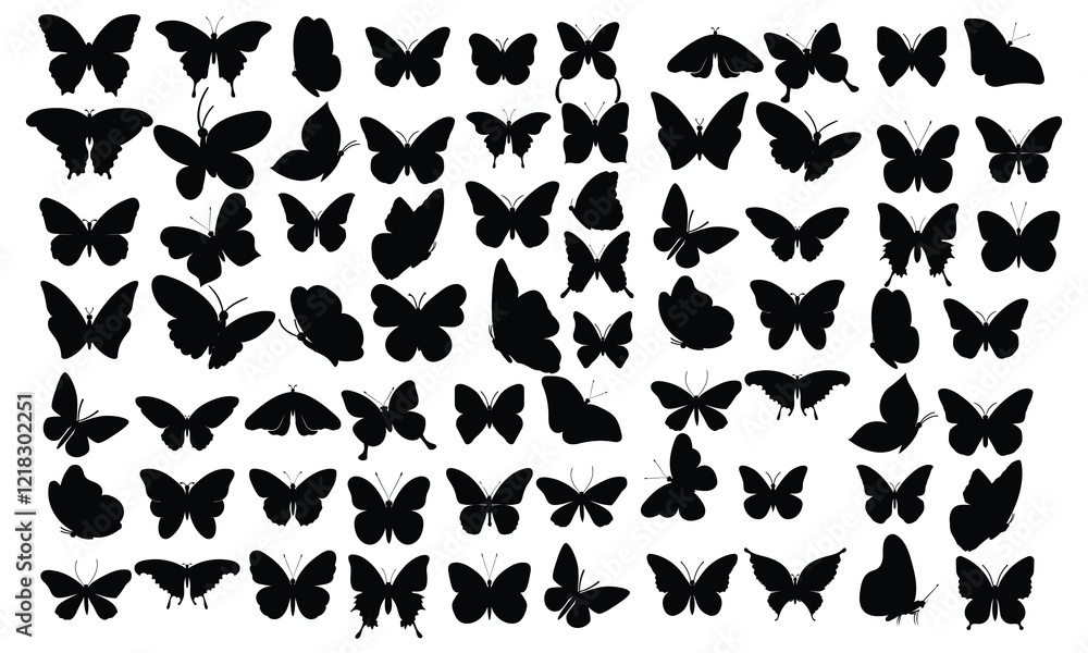 Naklejka premium Big set butterflies on a white background drawing decorative insect silhouettes hand draw vector