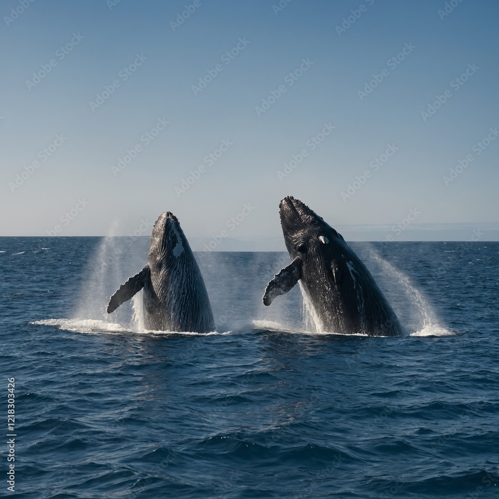 Fototapeta premium Two whales breaching together in the middle of a vast ocean.