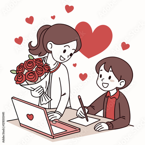 Valentine day girl and boy working