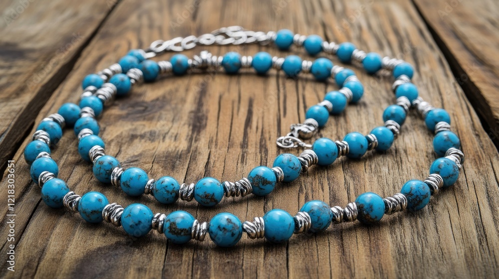 Stunning Turquoise and Silver Beaded Necklace on Rustic Wood Stunning Turquoise and Silver Beaded Necklace on Rustic Wood