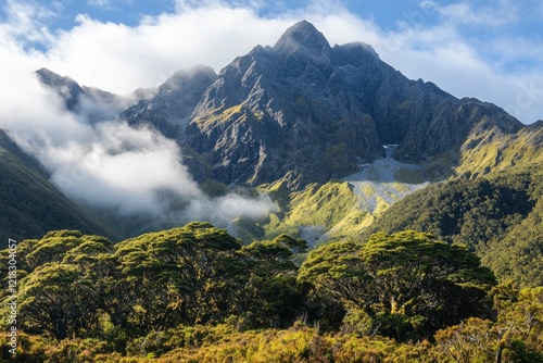 Majestic mountain landscape with lush greenery in the foreground and clouds drifting over peaks