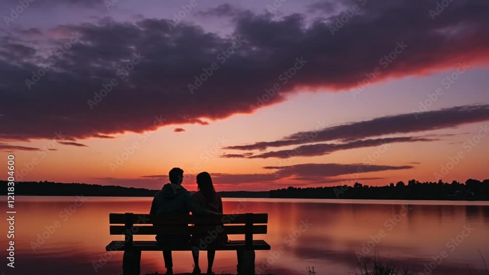 A couple's silhouette sitting on a bench by a lake at sunset, surrounded by vibrant pink, orange, and red hues, creating a tranquil and romantic atmosphere A couple's silhouette sitting on a bench by a lake at sunset, surrounded by vibrant pink, orange, and red hues, creating a tranquil and romantic atmosphere