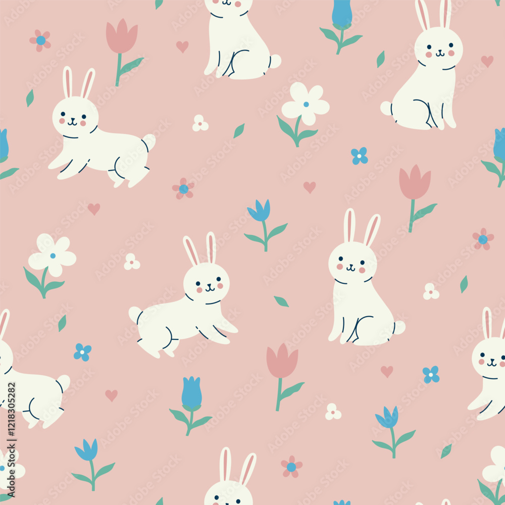 Simple seamless pattern with cute rabbits and flowers in pastel colors. Vector graphics. Simple seamless pattern with cute rabbits and flowers in pastel colors. Vector graphics.