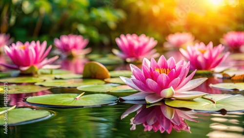 Wallpaper Mural Water lilies blooming in pink on pond surface , garden, aquatic plants,  garden Torontodigital.ca