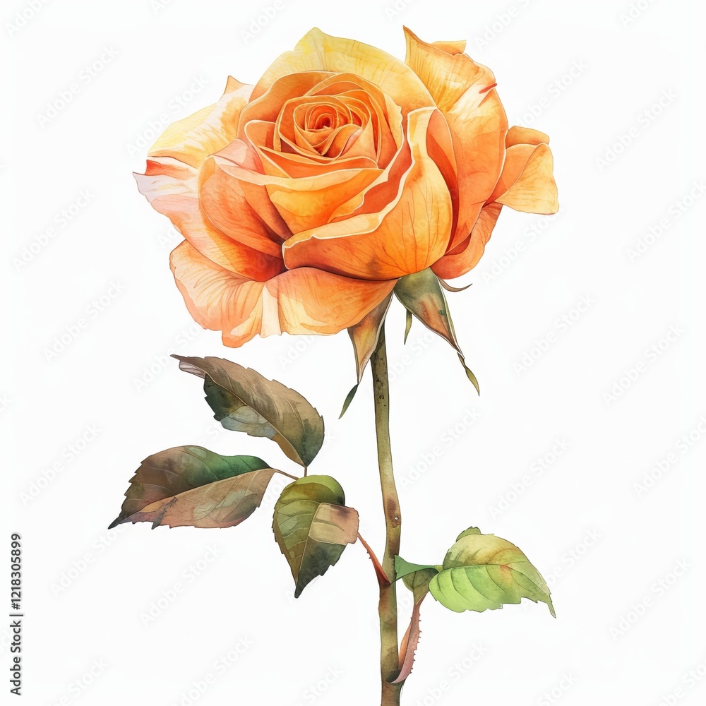 Obraz premium Watercolor Orange Rose Isolated on White Background. Beautiful Rose Flower