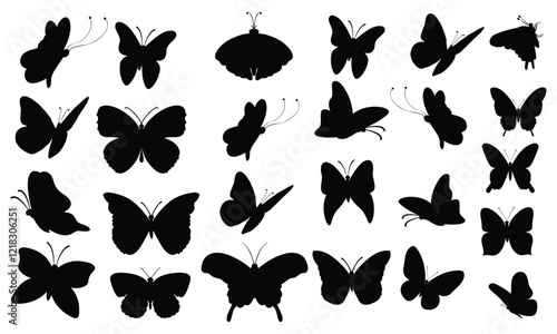 Vector, isolated, black silhouette of a butterfly, set