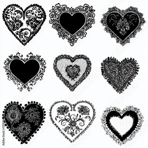 Ornate and Detailed Heart Designs in Black and White for Romantic and Decorative Themes
