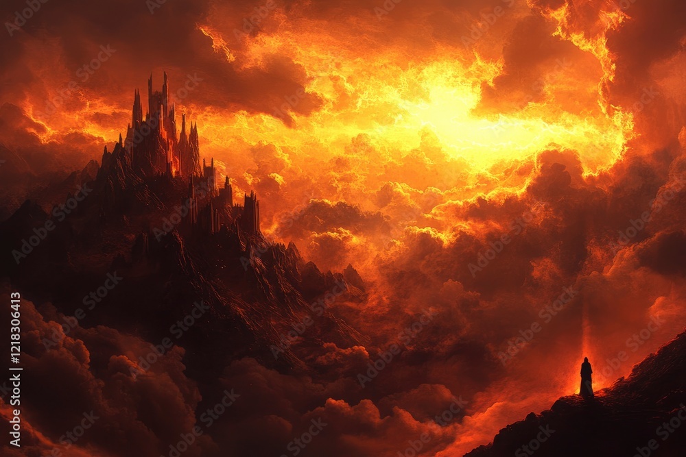 Fototapeta premium Majestic dark castle rising from fiery clouds at sunset, creating an epic fantasy landscape