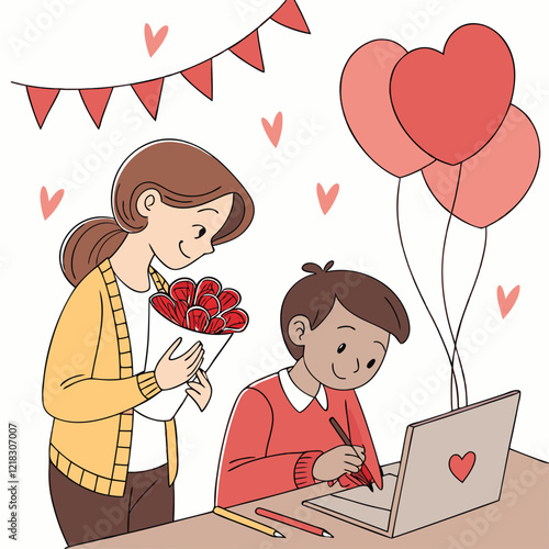 Valentine day girl and boy working