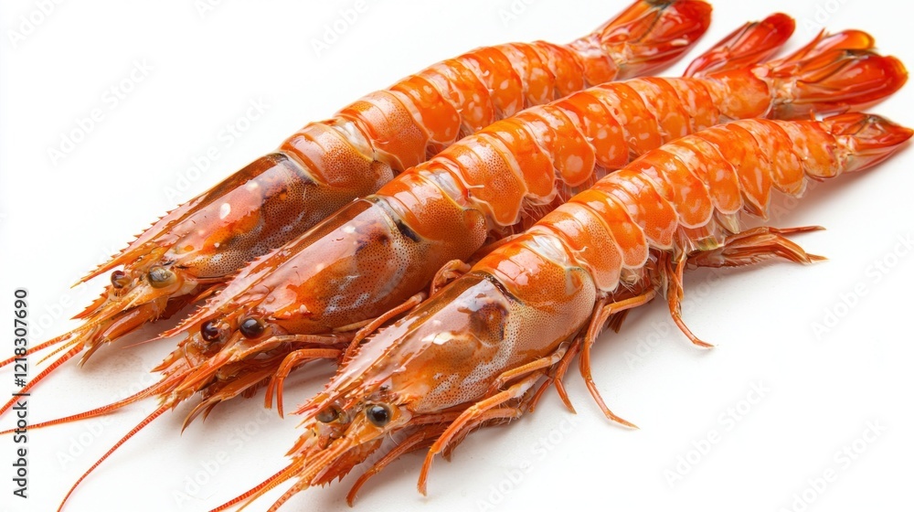 Vibrantly colored red boiled shrimp prawns are isolated on a pristine white background, showcasing their succulent texture and appetizing appearance, perfect for gourmet dishes Vibrantly colored red boiled shrimp prawns are isolated on a pristine white background, showcasing their succulent texture and appetizing appearance, perfect for gourmet dishes