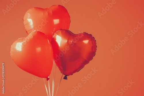 Couple joyfully holding heart-shaped balloons in celebration of Valentine's Day against a coral backdrop depicting love and romance