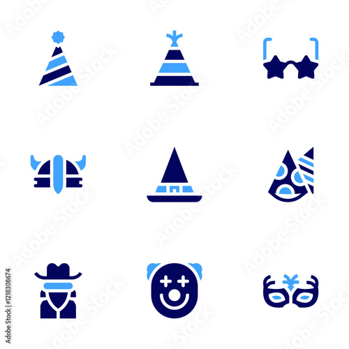 Costume party icon set. Bold style. Duotone colors. hat, party hat, helmet, witch, gangster, clown, party glasses, carnival mask