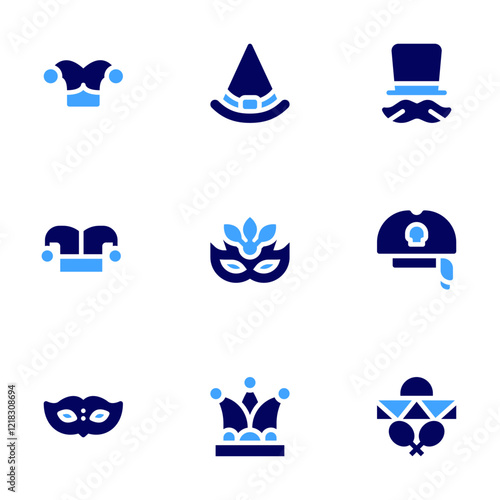 Costume party icon set. Bold style. Duotone colors. hat, witch hat, birthday and party, eye mask, pirate hat, mask, minstrel, mexican