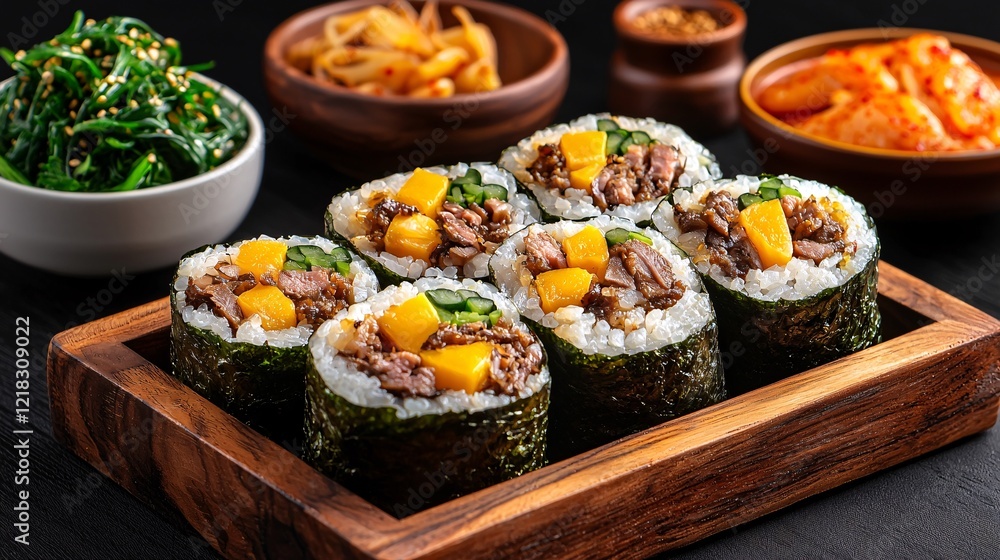 Korean food concept. Deliciously arranged sushi rolls with beef and mango, served with side dishes on a wooden platter against a dark background.