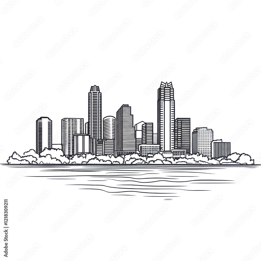 Obraz premium Cityscape Skyline Sketch Black and White Urban Architecture Modern Buildings Night View
