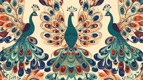 Elegant peacocks, ornate tails, cream background, textile design photo