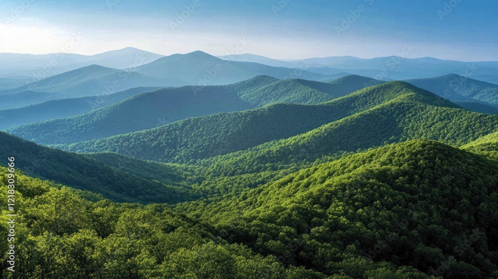 Fototapeta premium Serene Mountain Vista: A Panoramic View of Verdant Hills