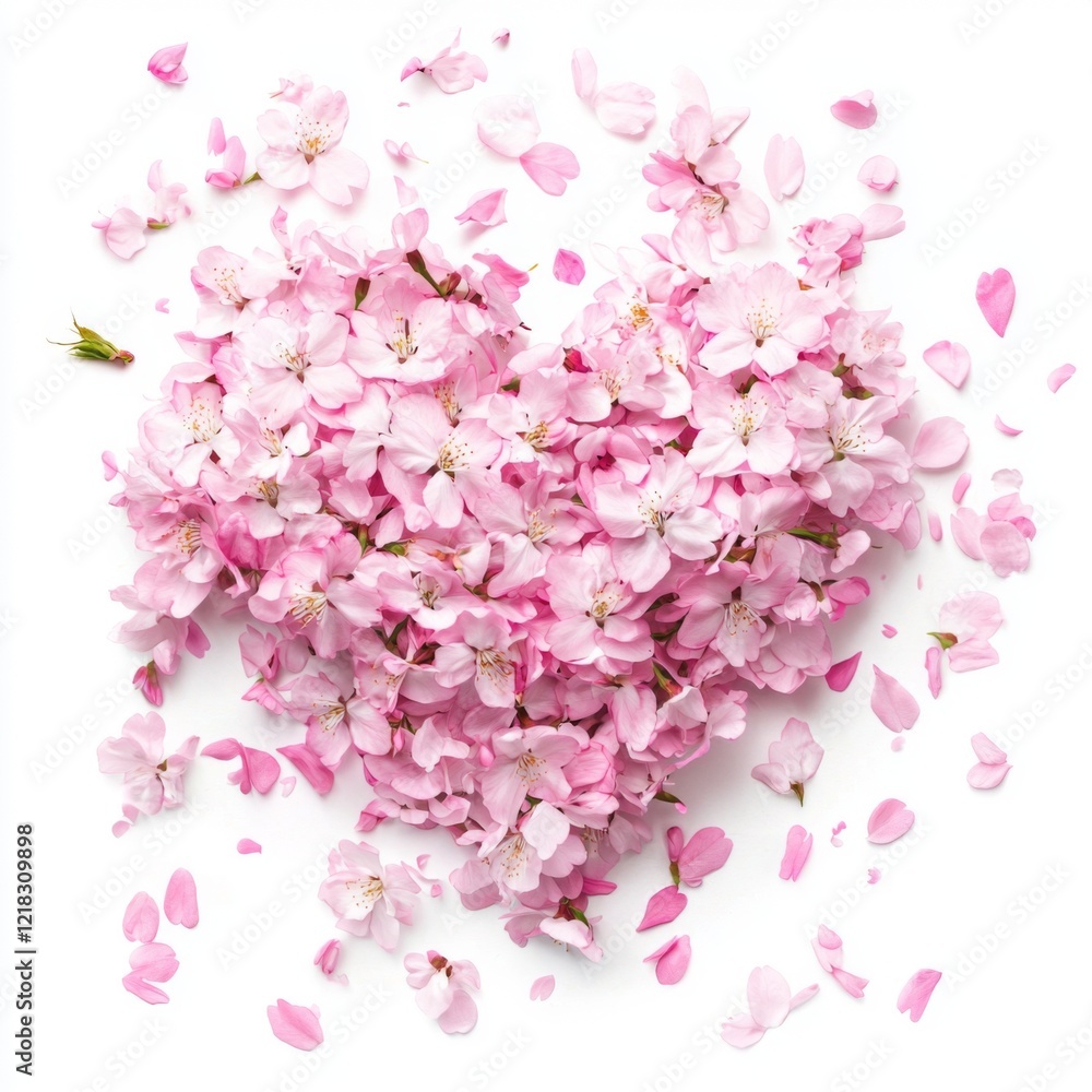 Heart-Shaped Arrangement of Delicate Pink Cherry Blossom Petals on White Background Heart-Shaped Arrangement of Delicate Pink Cherry Blossom Petals on White Background