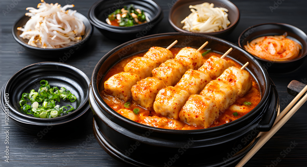 Korean food concept. A delicious dish of skewered meatballs in a savory sauce, accompanied by various side dishes in traditional bowls. Korean food concept. A delicious dish of skewered meatballs in a savory sauce, accompanied by various side dishes in traditional bowls.