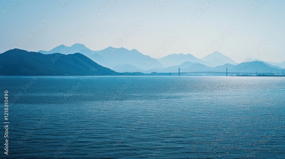Serene Seascape: Mountains and Bridge in the Distance Serene Seascape: Mountains and Bridge in the Distance