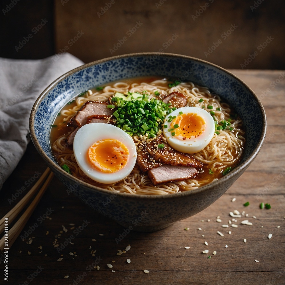 A bowl of ramen with soft-boiled egg, pork belly, and a sprinkle of sesame seeds. A bowl of ramen with soft-boiled egg, pork belly, and a sprinkle of sesame seeds.